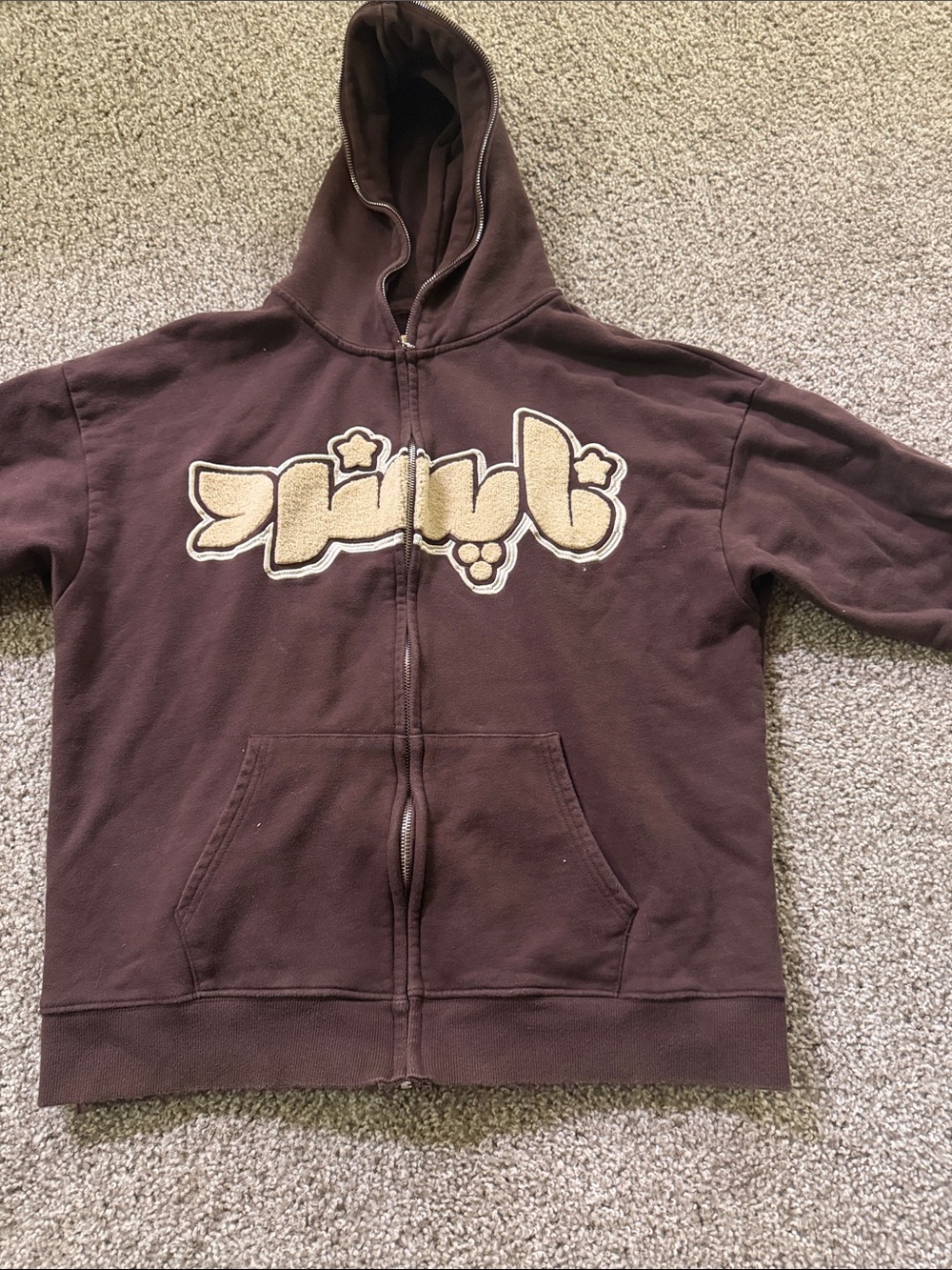 Brown Zip-Up Hoodie with Cream Appliqué